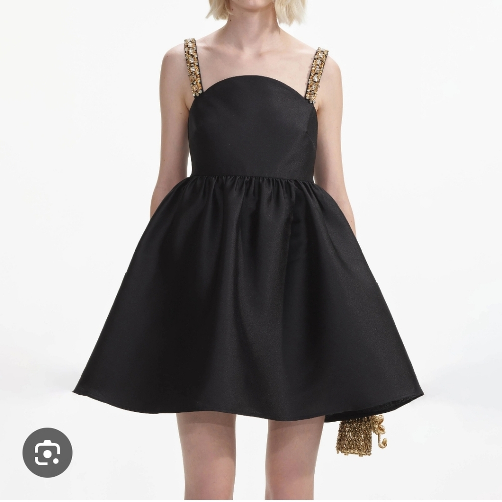 Self Portrait Black Taffeta Mini Dress with Gold Rhinestone Straos Size 10
